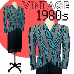 VINTAGE 80s Secretary Dress with XL Shoulders | Blue Black White | Size 8